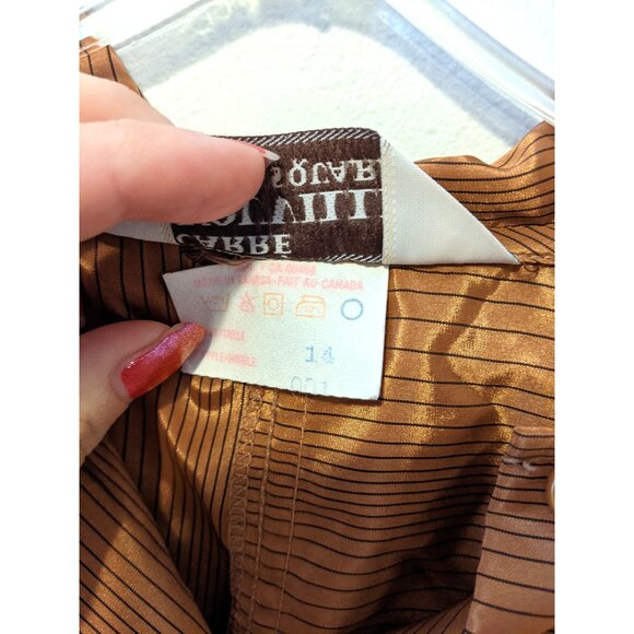 Vintage 80s Metallic Bronze Striped Blouse Button Up Satin Retro Party Fall 14 - Picture 9 of 11